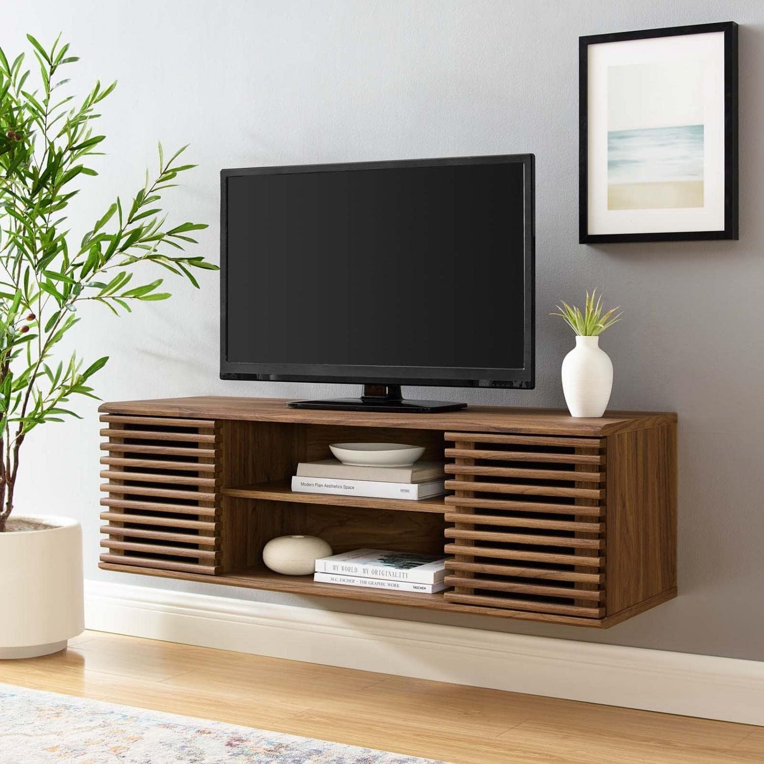 Modway Render 46' Mid-Century Modern Wall Mount Media Console TV Stand, 46 Inch, Walnut