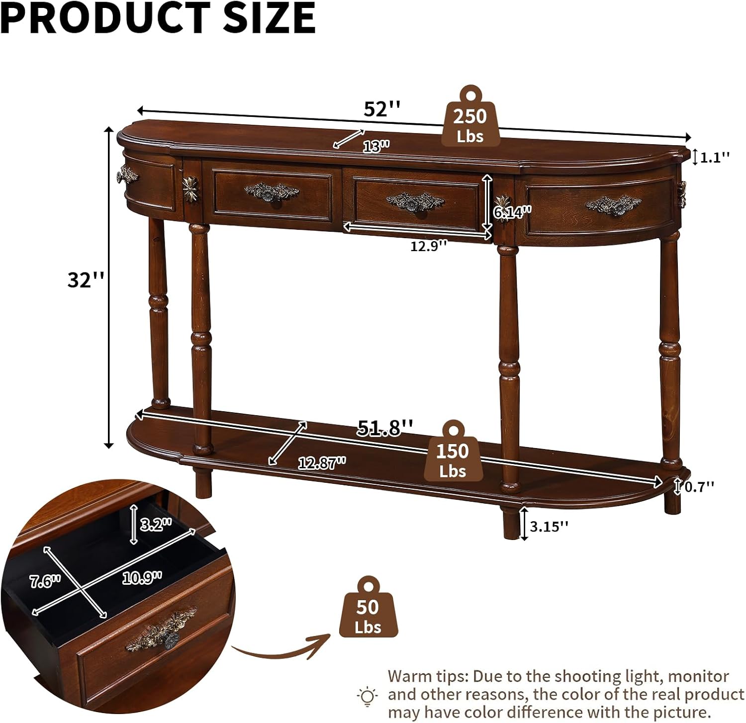 Retro Curved Console Table, 52' Half Moon Console Table Sofa Table Entryway Table with 2 Drawers 1 Open Shelf Solid Pine Legs for Living Room,Entryway,Hallway,Cherry