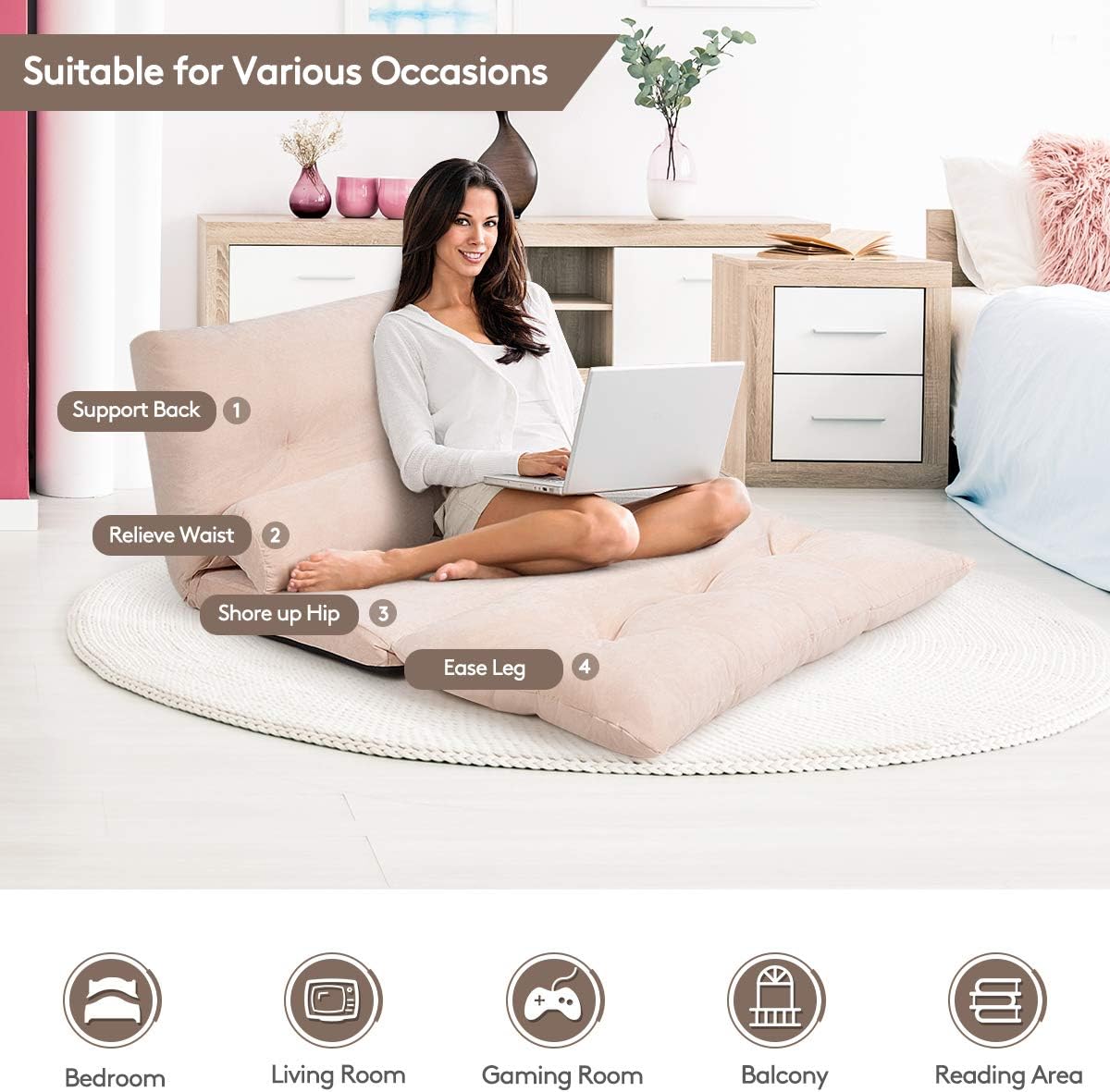 Giantex Adjustable Floor Sofa Couch with 2 Pillows, Multi-Functional 6-Position Foldable Lazy Sofa Sleeper Bed, Multi-Functional Suede Floor Seating for Reading Gaming (Beige)