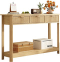 RUSTOWN Fluted Wood Console Table with 3 Drawers, Boho Narrow Behind Couch Entryway Table with Open Storage Shelf, Modern Sofa Table for Living Room, Foyer and Hallway (Natural Wood)