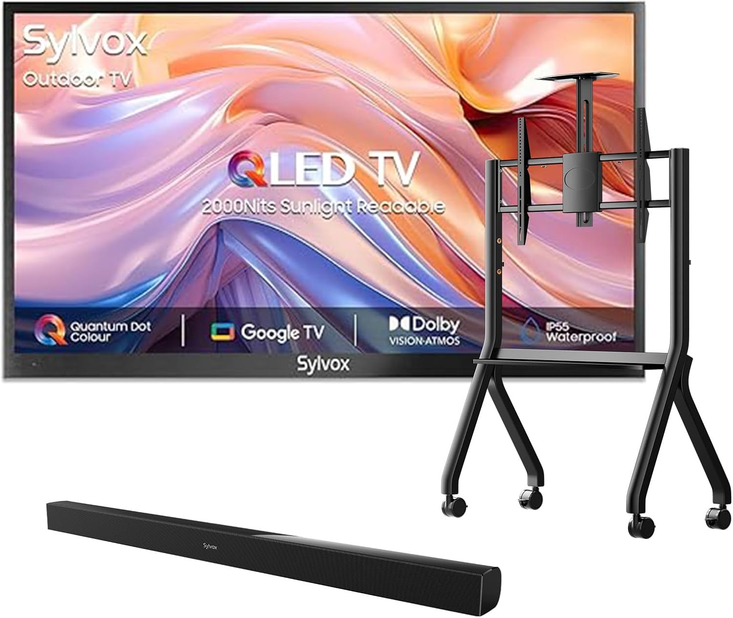 SYLVOX Outdoor TV with Rolling Stand & Soundbar, 55 inch Smart QLED TV, 2000 Nit Full Sun, Weatherproof, 4K UHD, IP56 Waterproof, Commercial Grade (2026 Model)