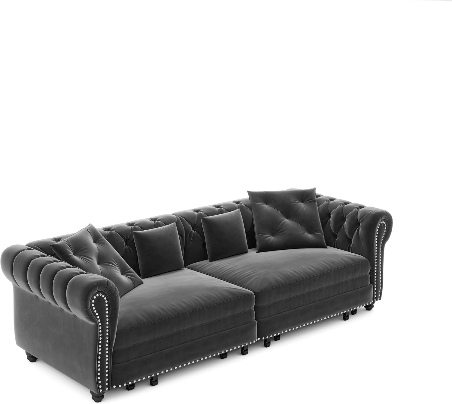 Ball & Cast 3-in-1 Convertible Sofa Bed with Movable Ottoman, 89' Pull Out Couch Bed King Size, Velvet 3 Seater Sleeper Sofa with Nailhead Trim & Rolled Arm,Sofa Couches for Living Room,Blue