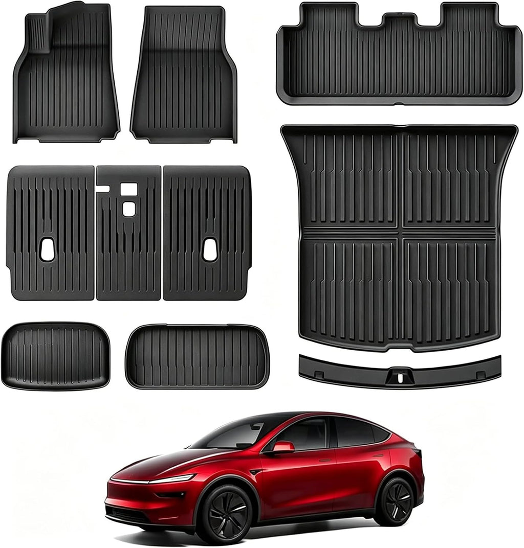 All-Weather Floor Mats Compatible with Tesla Model Y Juniper 2025 2026 (Not for Standard),TPE Set with Trunk Sill Protector & Rear Seat Back Cover, Custom Fit for 5-Seater(8PCS)