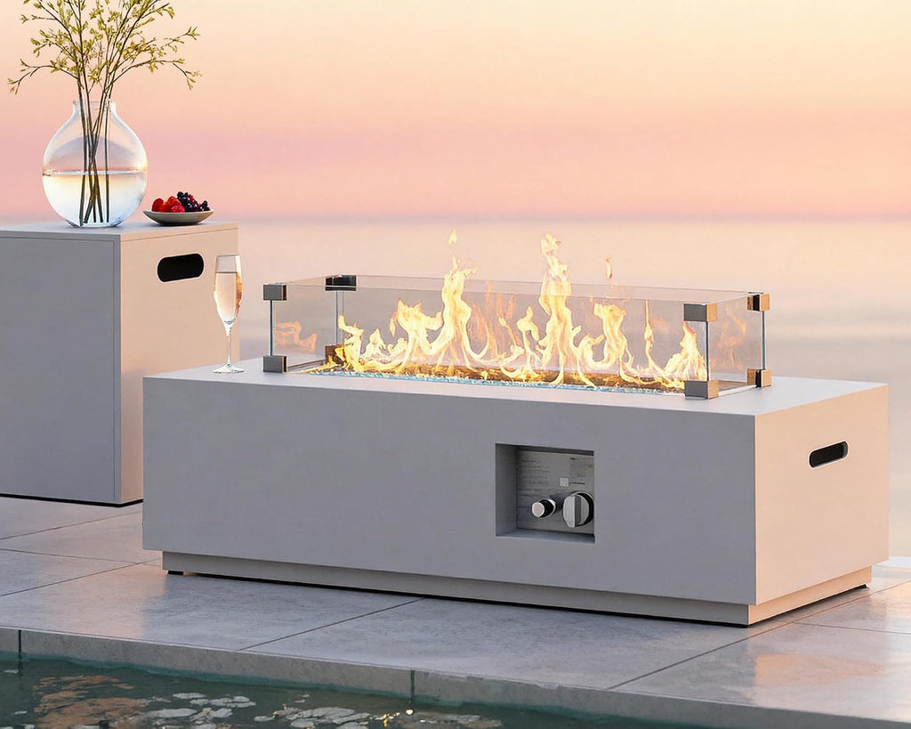 RADIATA 42' Rectangle Propane/Natural Gas Fire Pit for Outside Patio, Elegant Minimalist Lowprofile Firepit Table with Tank Table Long Large, 50000BTU Durable Sturdy Fireplace for Outside, Urban White