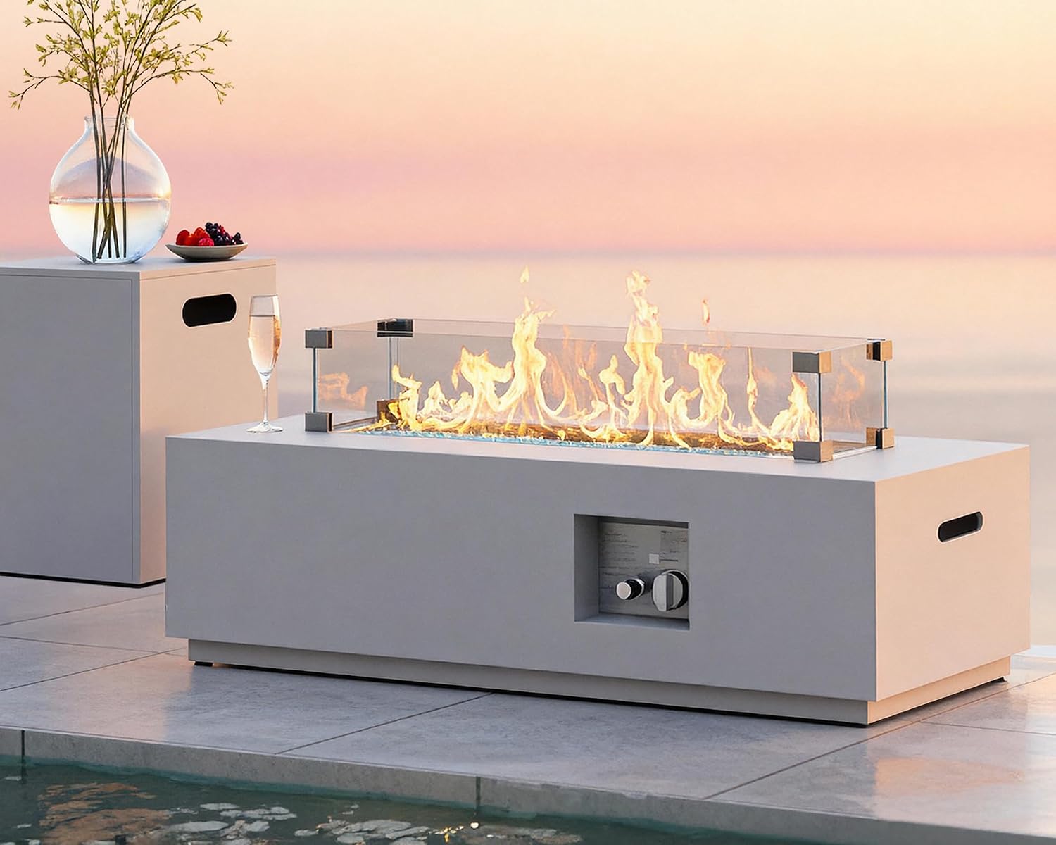 RADIATA 42' Rectangle Propane/Natural Gas Fire Pit for Outside Patio, Elegant Minimalist Lowprofile Firepit Table with Tank Table Long Large, 50000BTU Durable Sturdy Fireplace for Outside, Urban White