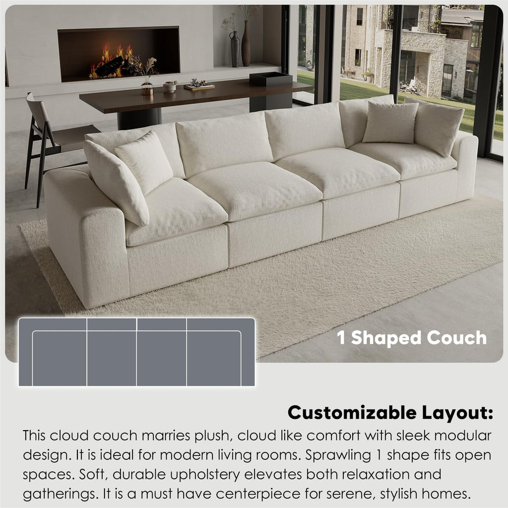 130' Oversized Boneless Cloud Couch, Modular Sectional Couches for Living Room, L-Shaped with Deep Seats, No Assembly Required, 4-Seater Washable Fabric Sleeper Sofa, White