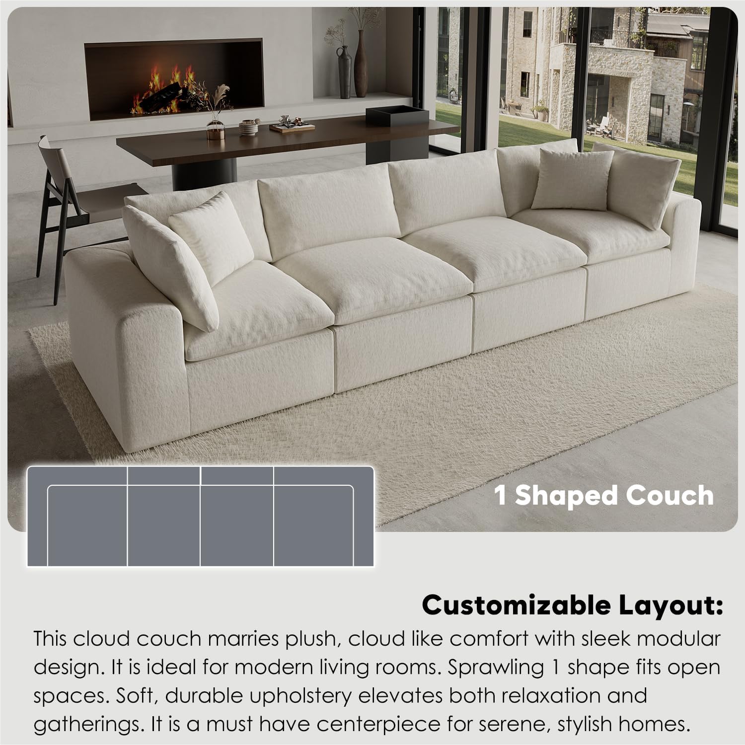 130' Oversized Boneless Cloud Couch, Modular Sectional Couches for Living Room, L-Shaped with Deep Seats, No Assembly Required, 4-Seater Washable Fabric Sleeper Sofa, White