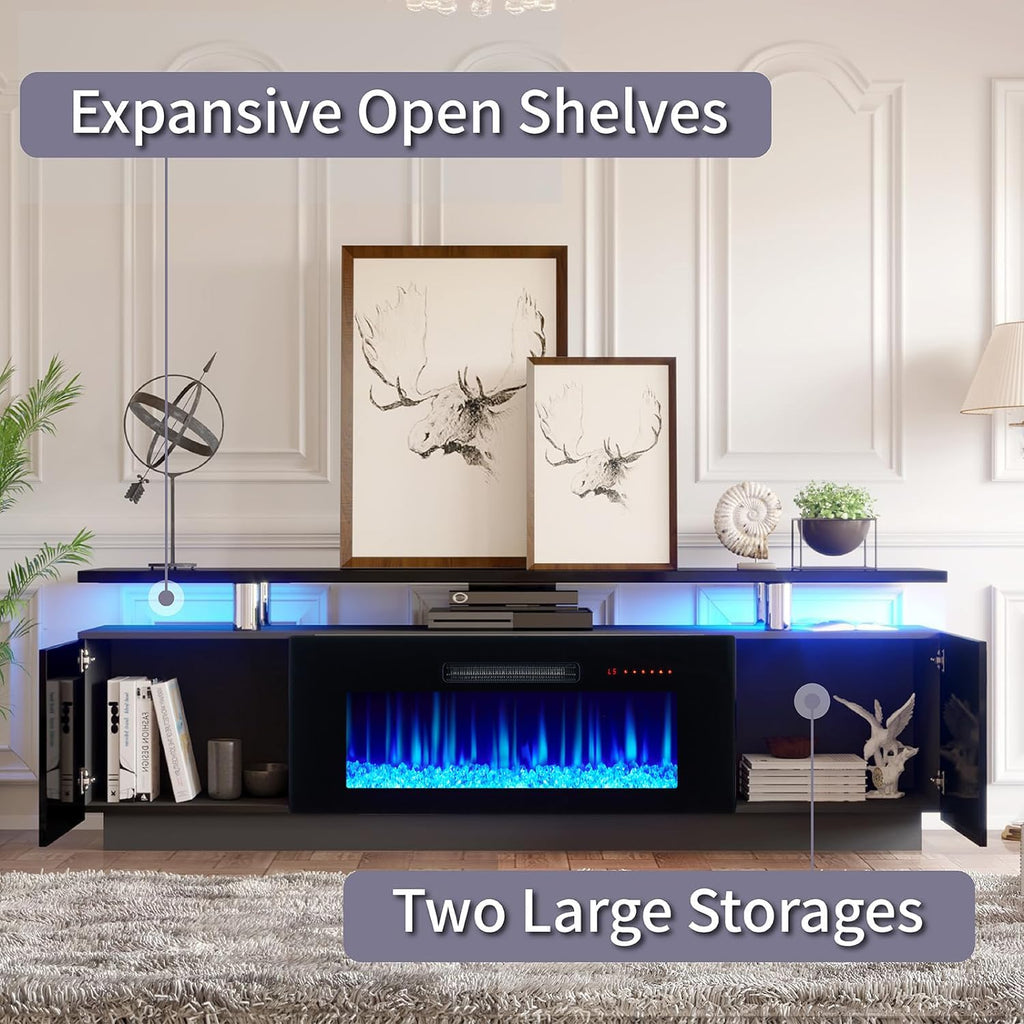 AMERLIFE Fireplace TV Stand with 36' Fireplace, 70' Modern Fireplace Entertainment Center LED Lights, 2 Tier TV Console Cabinet for TVs Up to 80', Obsidian Black