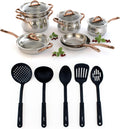 BergHOFF Ouro Gold 16Pc 18/10 Stainless Steel Cookware Set With Glass Lids and Nylon Utensil Set, Rose Gold Handle, PFOA-free, Induction Cooktop Ready, Even Heat