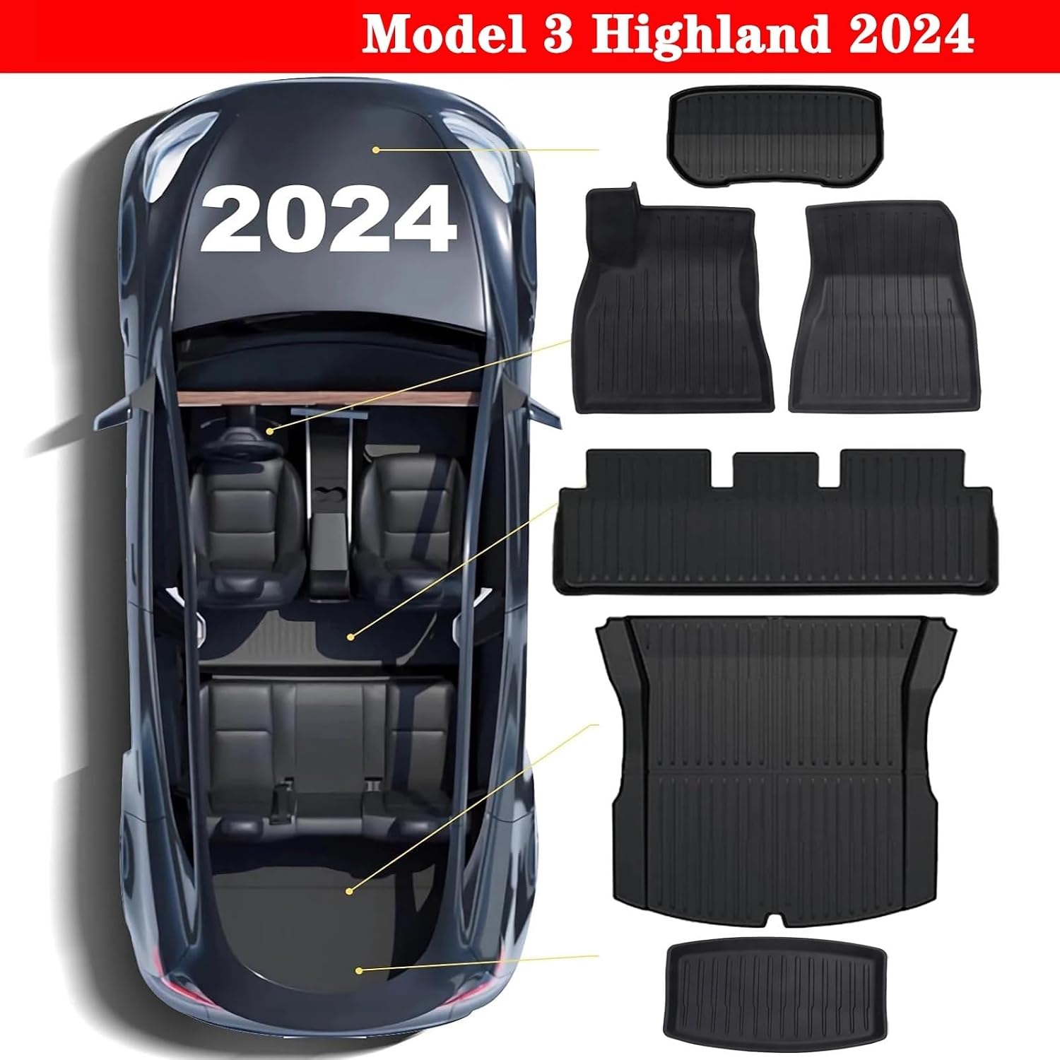 TPE Floor Mats & Cargo Liner Compatible for Tesla Model 3 Highland 2024, All Weather Waterproof Anti-Slip Trunk Mats TPE Floor Liners(6PCS LHD)