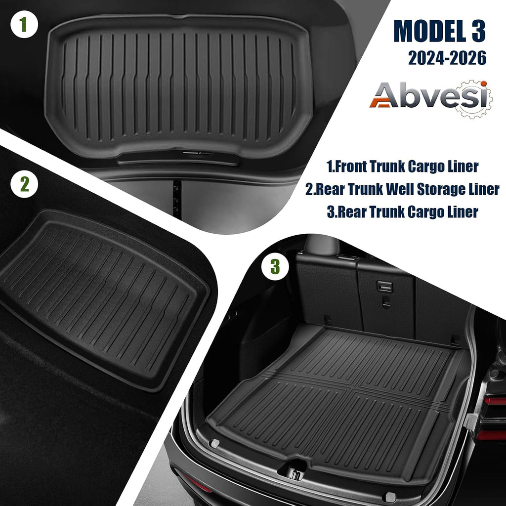 Floor Mats Compatible with Tesla Model 3 2024-2026 Highland 5-Seater, All Weather TPE Waterproof Odorless Complete Set with Seat Back Liner & Trunk Sill Guard Interior Accessories (8PCS)
