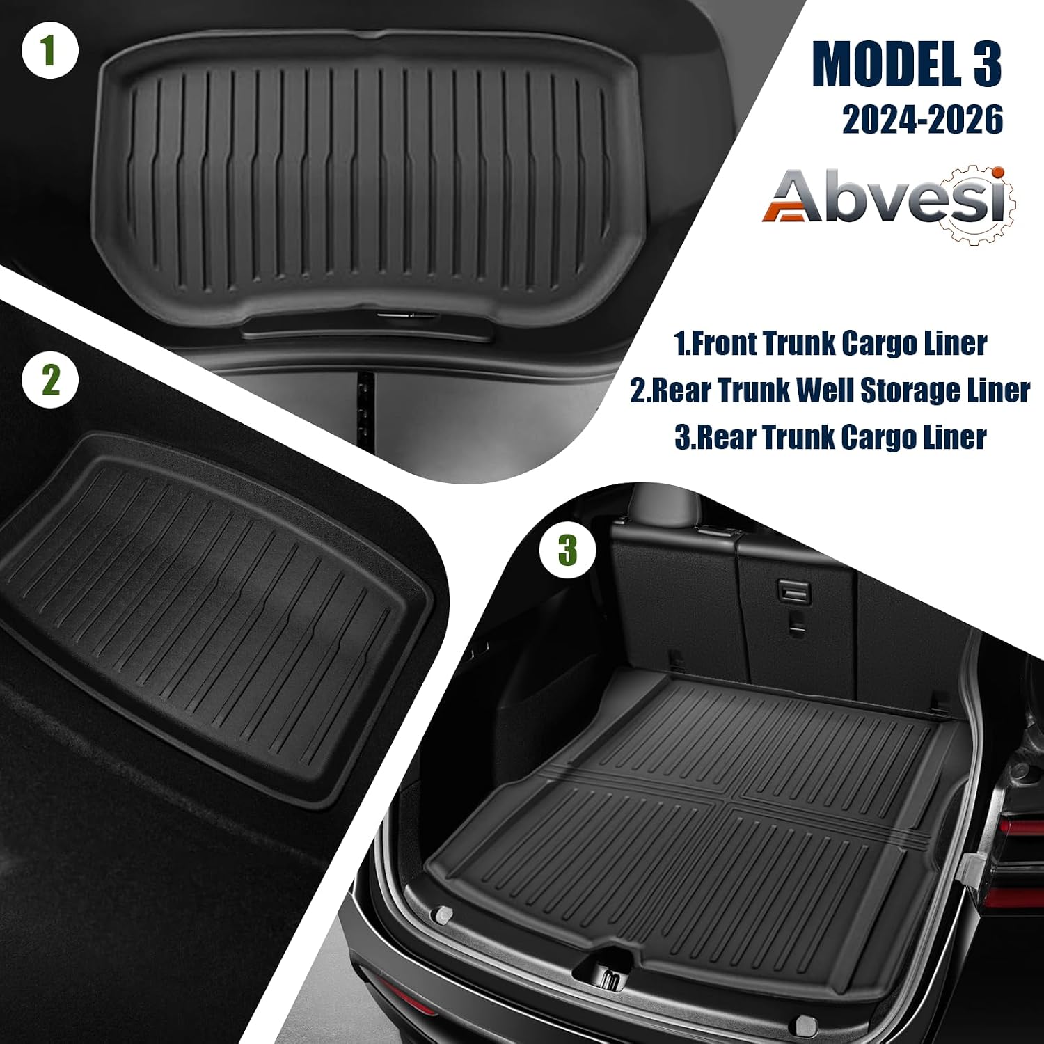 Custom Fit Floor Mats for Tesla Model 3 2024-2026 Highland 5-Seater, All Weather TPE Waterproof Odorless Complete Set with Seat Back Liner & Trunk Sill Guard Interior Accessories (8PCS)