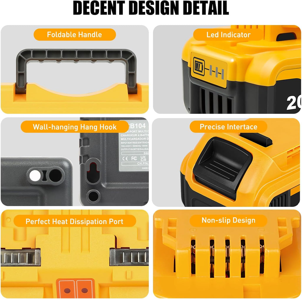 TOMAPEX Upgraded 4Pack 20v Max Battery Replacement for Dewalt 5.0Ah Battery with DCB104 Battery Charger Station