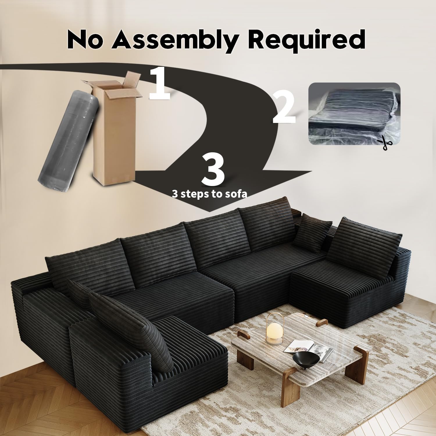139.4' Modular Sectional Sofa, U-Shaped Minimalist Couches with 2 Middle Seats, Modern Deep Seat Convertible Sleeper Sofa Bed,Cloud Plush Corduroy Fabric, No Assembly Required, 6 Seater, Black