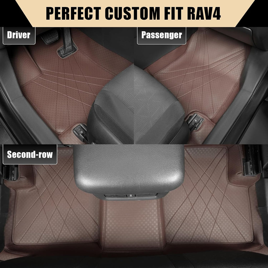 EKR Custom Floor Mats for Toyota RAV4 (Hybrid only) 2019-2025, Front & 2nd Row Luxury Car Floor Mat Fit RAV4 2019 2020 2021 2022 2023 2024 2025 - Leatherette (Brown)