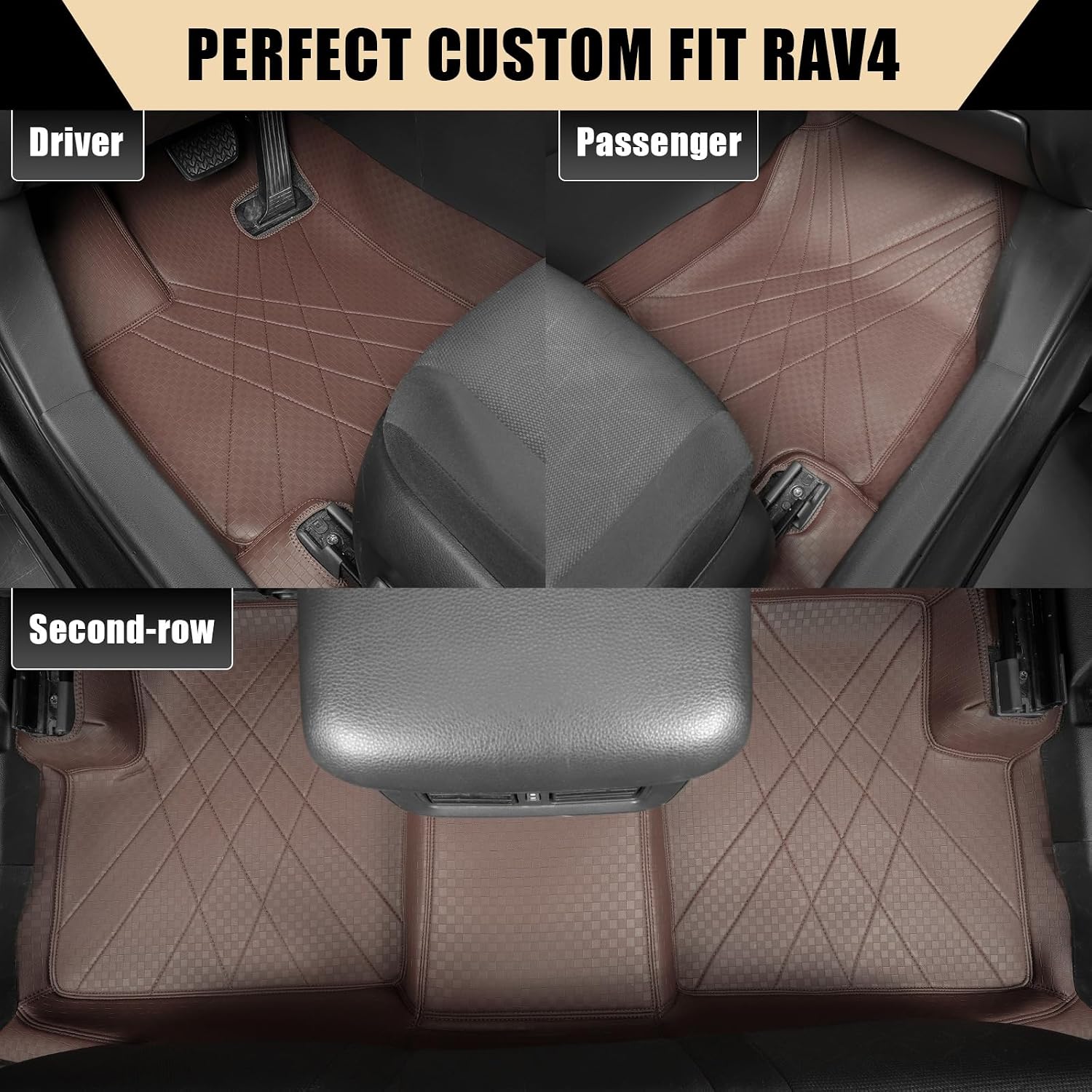 EKR Custom Floor Mats for Toyota RAV4 (Hybrid only) 2019-2025, Front & 2nd Row Luxury Car Floor Mat Fit RAV4 2019 2020 2021 2022 2023 2024 2025 - Leatherette (Brown)