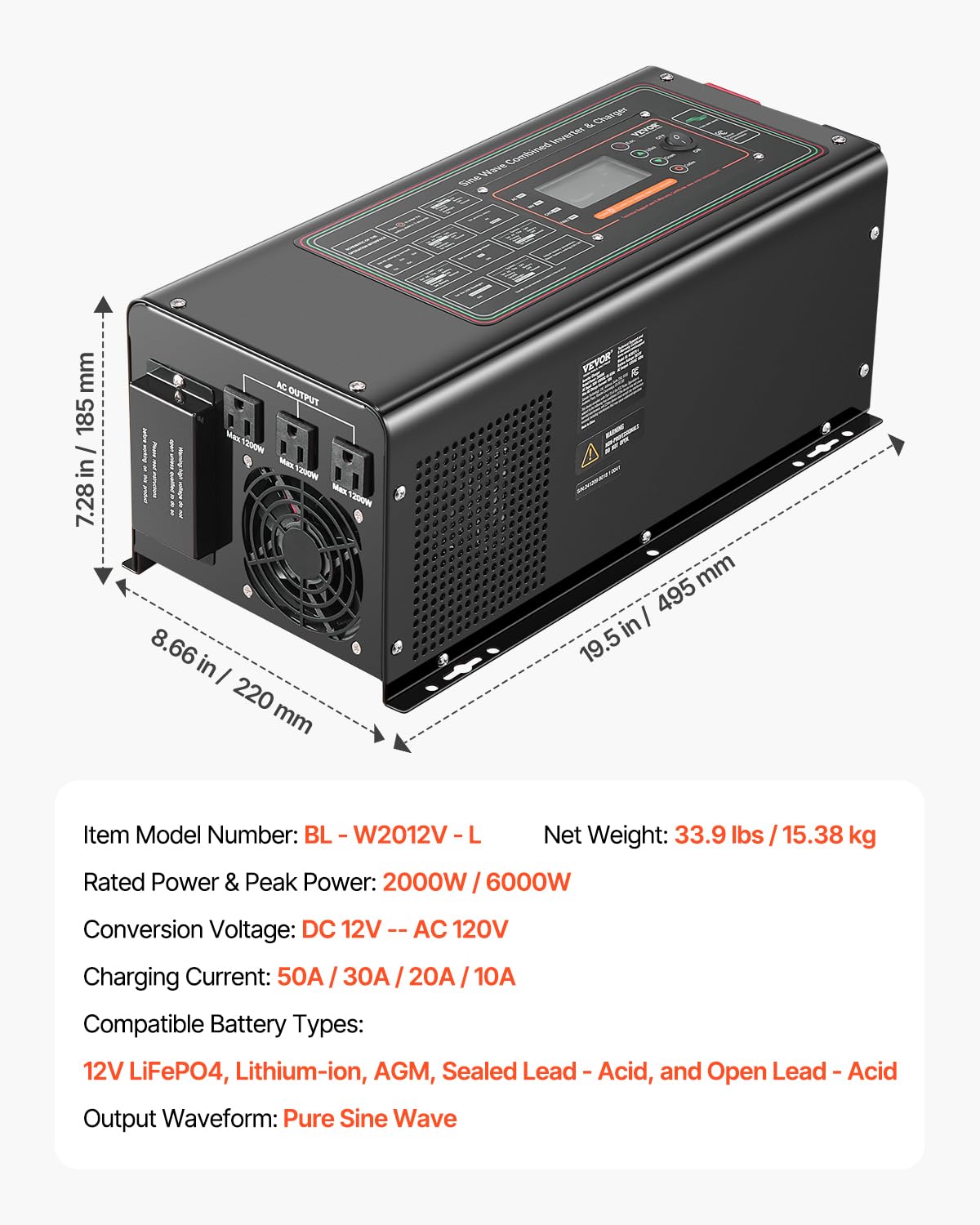 VEVOR Pure Sine Wave Inverter Charger, 2000 Watt, DC 12V to AC 120V, Battery Charger with LCD Display, Remote Control, Solar Inverter for Off-Grid Solar RV Boat Home, Compatible with Various Batteries
