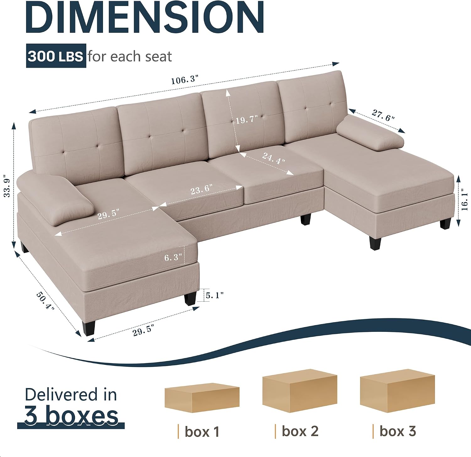 Sectional Couches for Living Room, 106 in U Shaped Couches for Living Room, 4 Seat Sofa with Armrest, Sectional Couch for Apartment, Beige