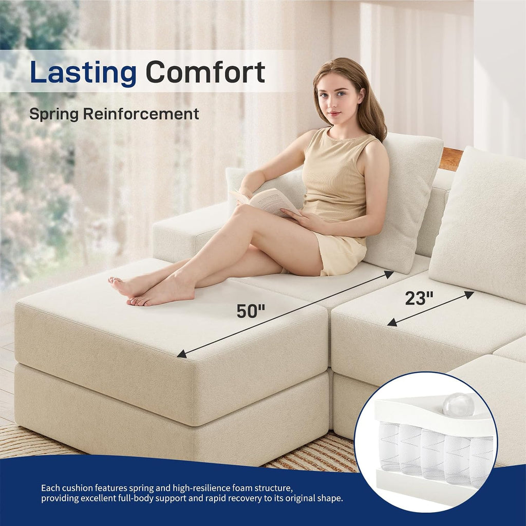 Living&Giving 128' U-Shaped Cloud Sectional Couch for Living Room, Cloud Boneless Couch-No Assembly with Reversible Chaise, Customizable 4-Seat Modular Sectional Sofa with 3 Ottoman, Beige
