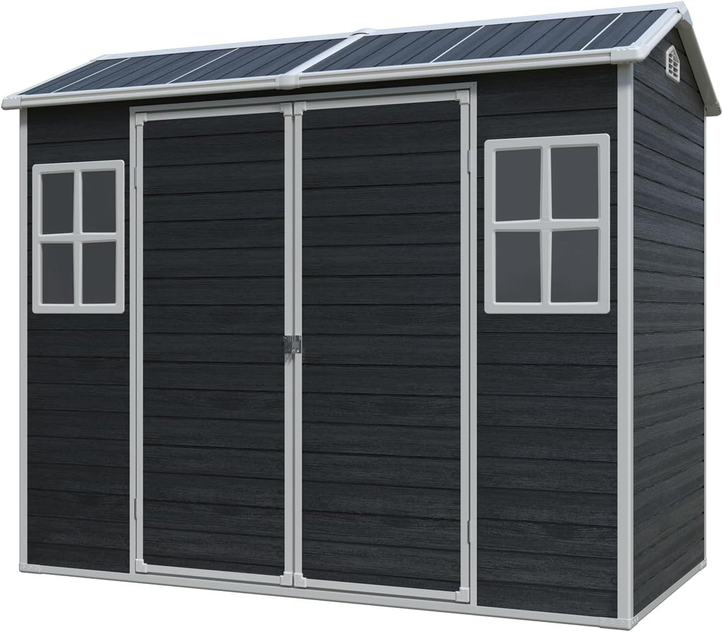 JT 8 x 4 FT Resin Storage Shed, Waterproof Garden Shed with Floor, 2 Windows, Lockable Door and Vent, Outdoor Sheds for Backyard,Tools and Lawn Mower (Black)