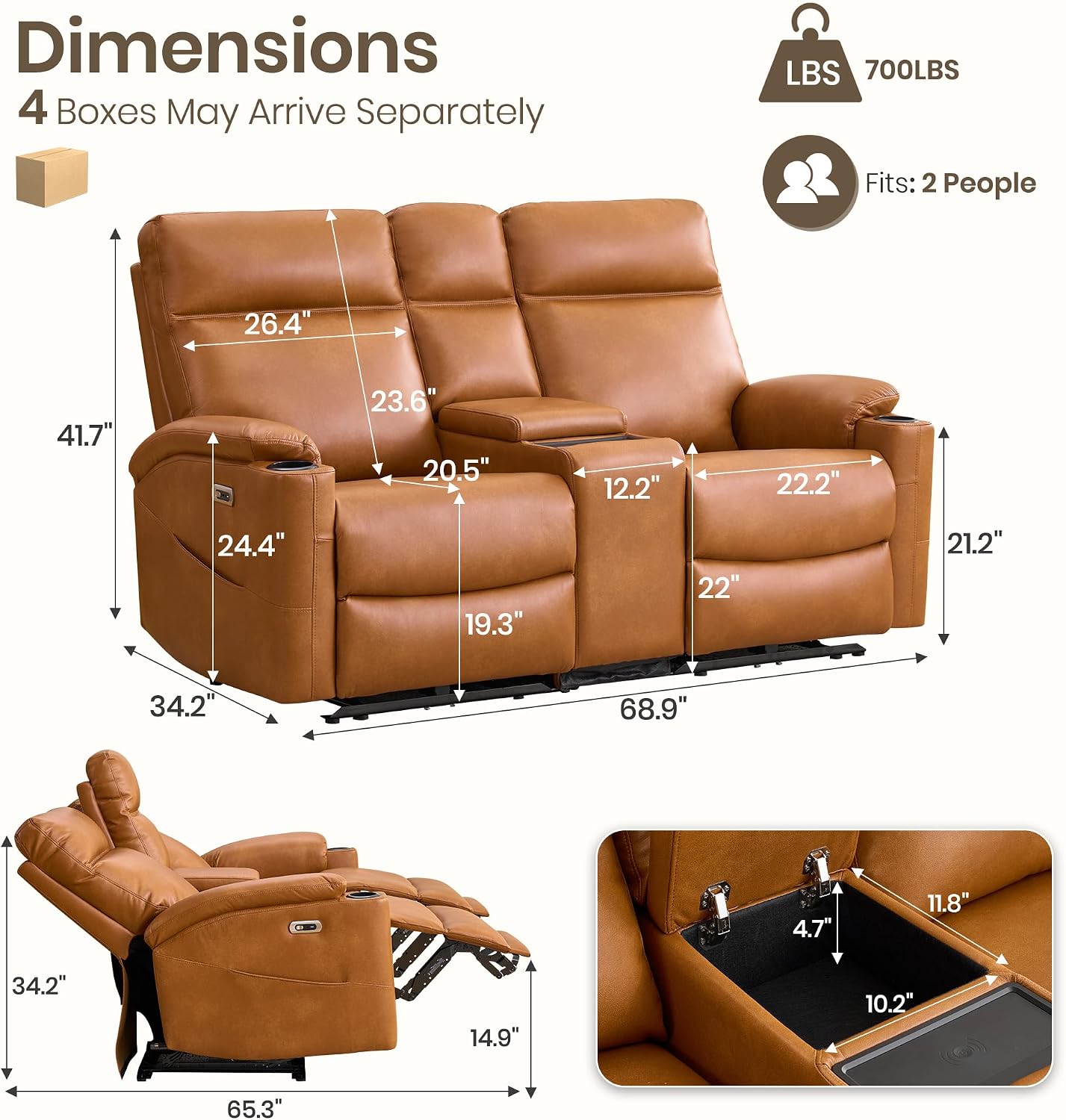 Power Recliner Loveseat, Electric Reclining Sofa with Wireless Charger, Wall Hugger Loveseat Recliner with Extended Footrest, 2-Seater Couch for Living Room, RV & Office (Brown)