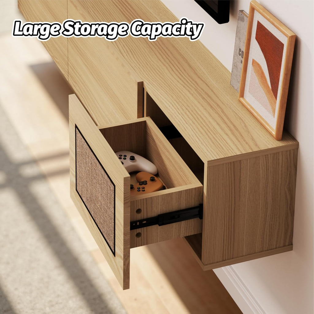 Pmnianhua Boho Floating TV Stand 70', Modern Wall Mounted Media Console with Cotton-Rayon Doors for Under TV Shelf,Entertainment Center,Living Room,Bedroom(Natural)