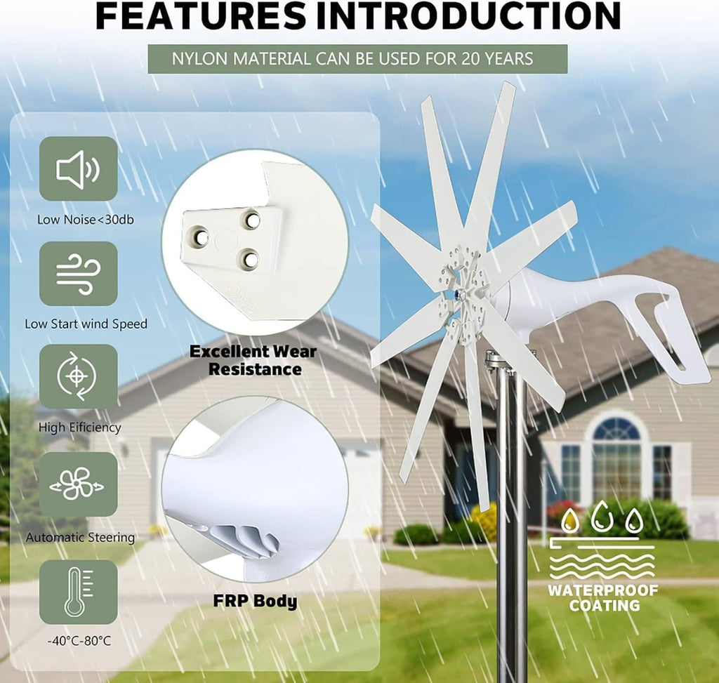 Wind Turbine Generator,12V 24V 48V,8-Blade Vertical Axis Wind Turbines Generator,with MPPT Controller,Auto Adjust Breeze Windward Start,for Terrace Marine 24V-3000W