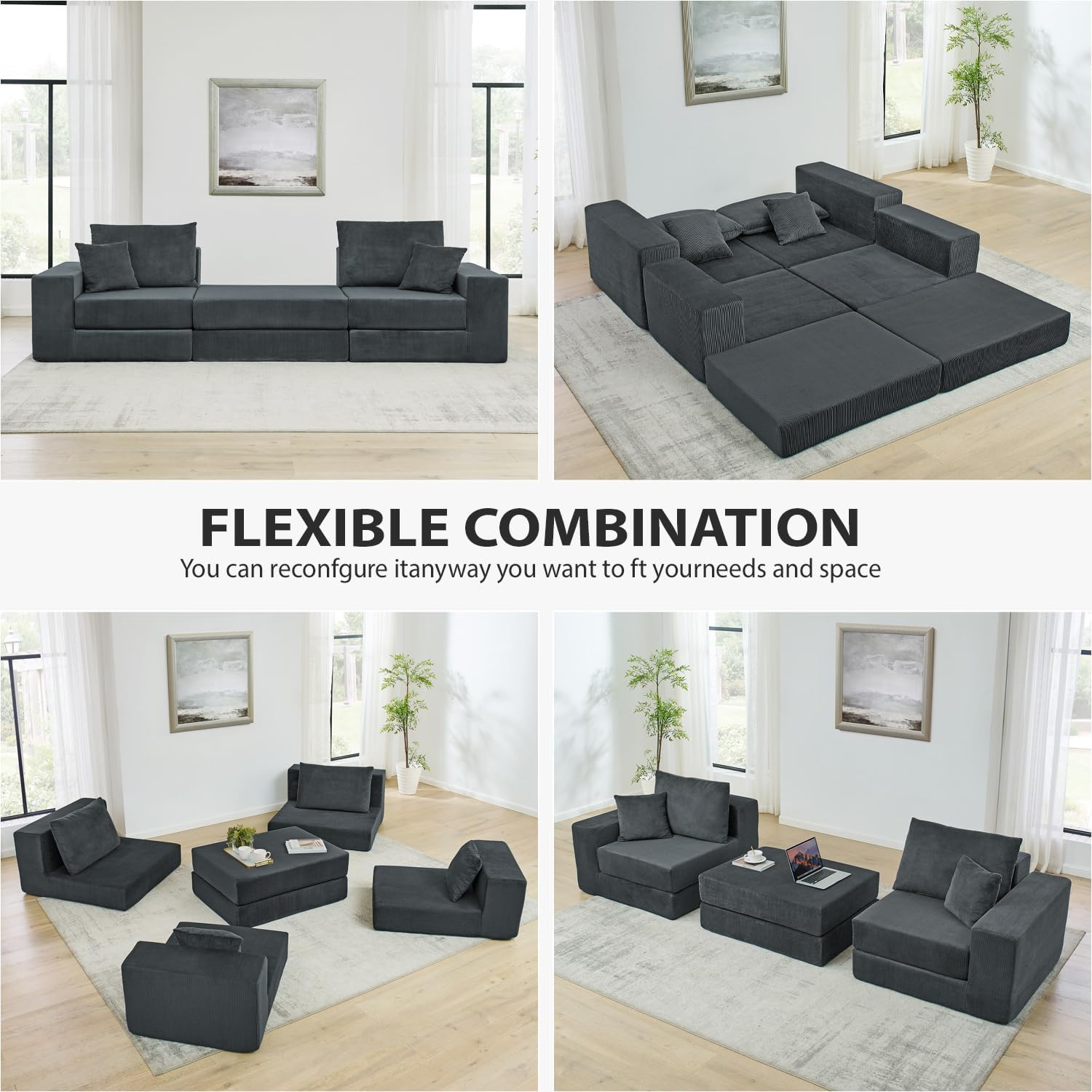 80 Inches Modular Sectional Loveseat Sofa, Cloud Boneless Couch with Non-Slip Base, Modern Sleeper Sofa Bed for Living Room, Small Spaces, No Assembly Required, Corduroy (Grey)