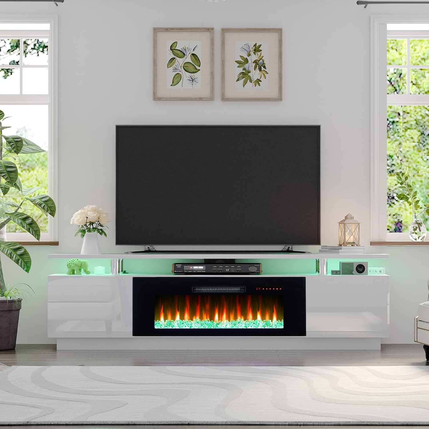 AMERLIFE Fireplace TV Stand with 40' Fireplace, 80' Modern Fireplace Entertainment Center LED Lights, 2 Tier TV Console Cabinet for TVs Up to 90', Ivory White