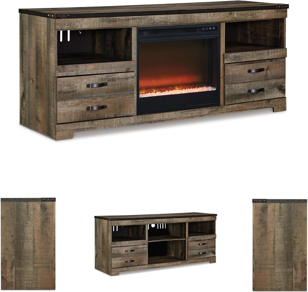 Signature Design by Ashley Trinell 63' TV Stand with Electric Fireplace, Rustic Wood Look Media Console with LED Flame Insert, Storage Drawers and Remote‑Controlled Heat for Warmth