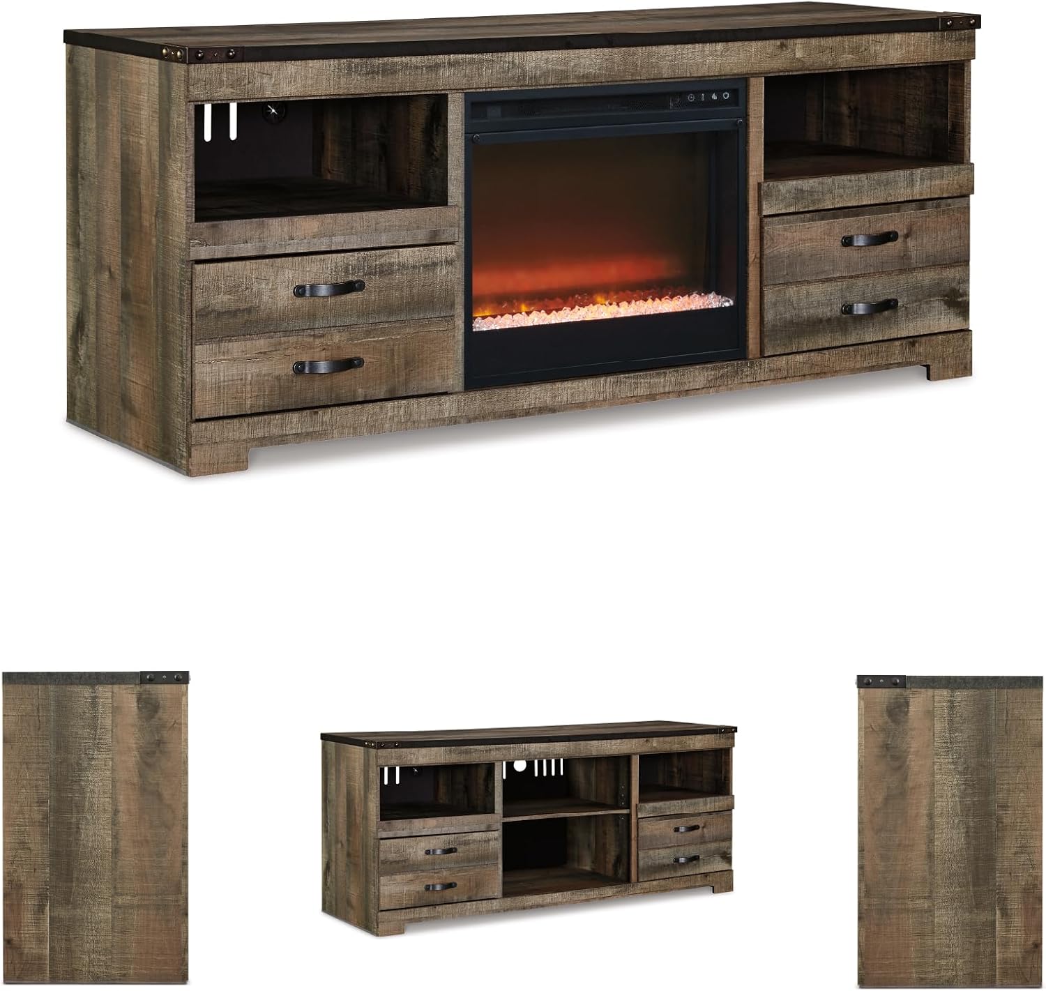 Signature Design by Ashley Trinell 63' TV Stand with Electric Fireplace, Rustic Wood Look Media Console with LED Flame Insert, Storage Drawers and Remote‑Controlled Heat for Warmth