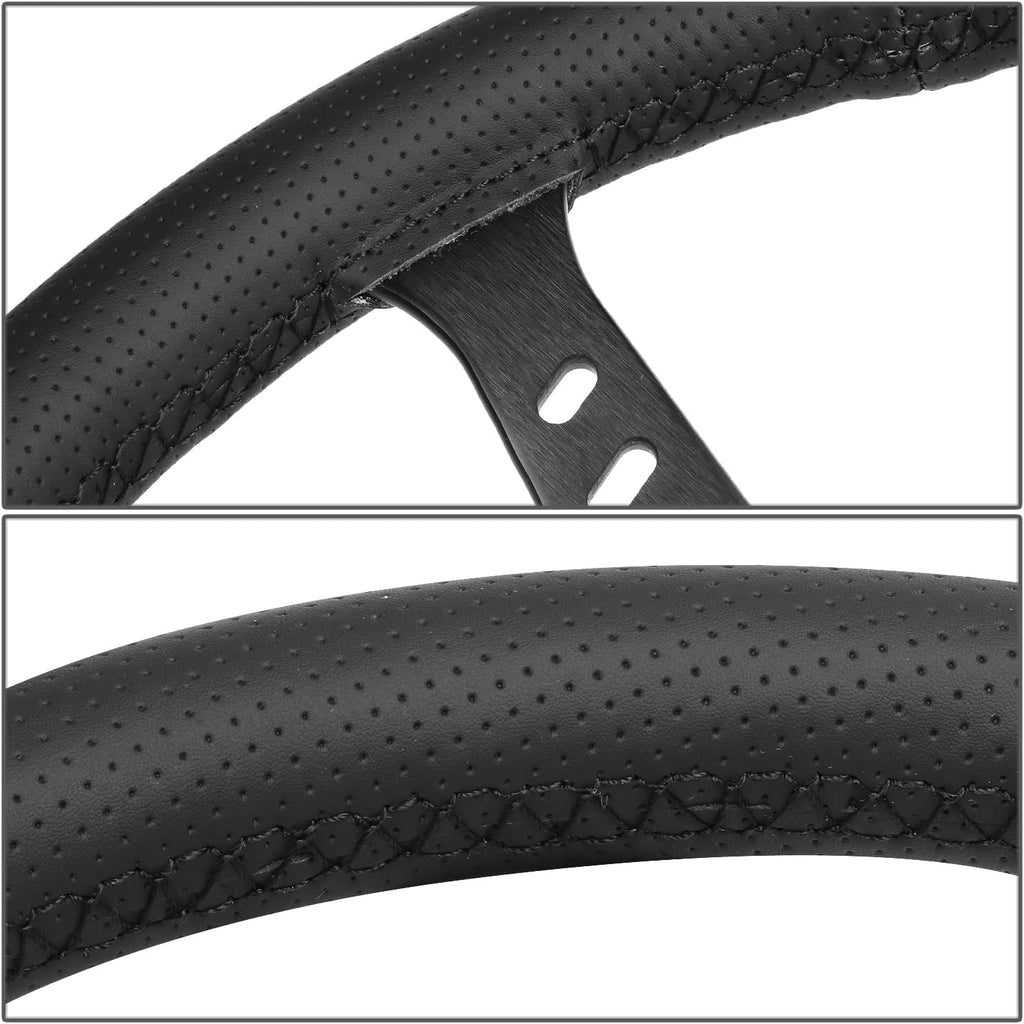 NRG Innovations NRG-RST-380STL-B Reinforced Classic Stealth Wheel, 380mm, 3 Spoke Center with Diagnal Slits, 1' Deep Dish with Perforated Leather and Black Stitching