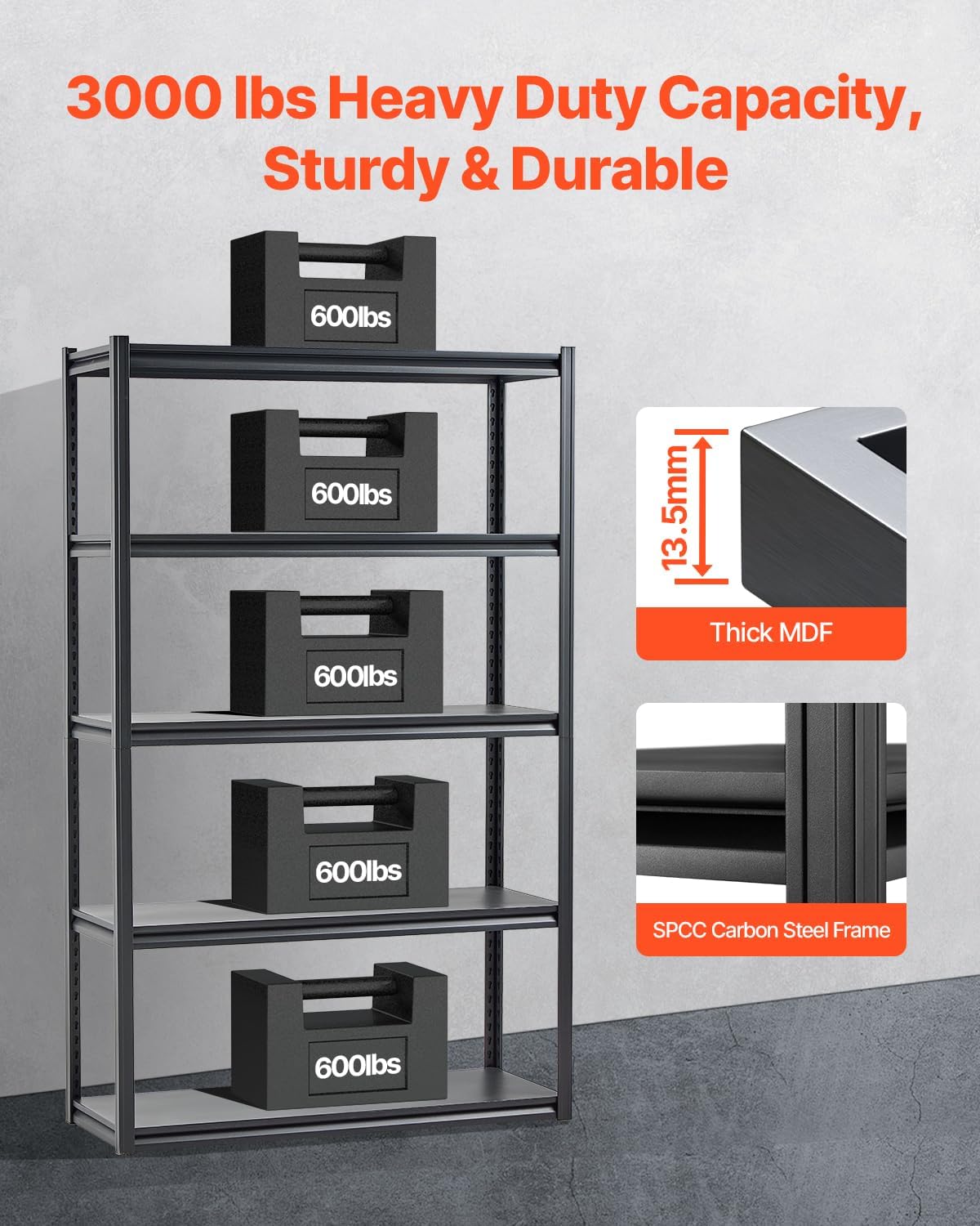 VEVOR Storage Shelves, 3000 lbs, 5 Tier Garage Storage Shelving, 18' D x 48' W x 78' H Adjustable Metal Shelves for Garage Shelves Utility Rack Shelf, Ideal for Kitchen, Warehouse, Basement, Black