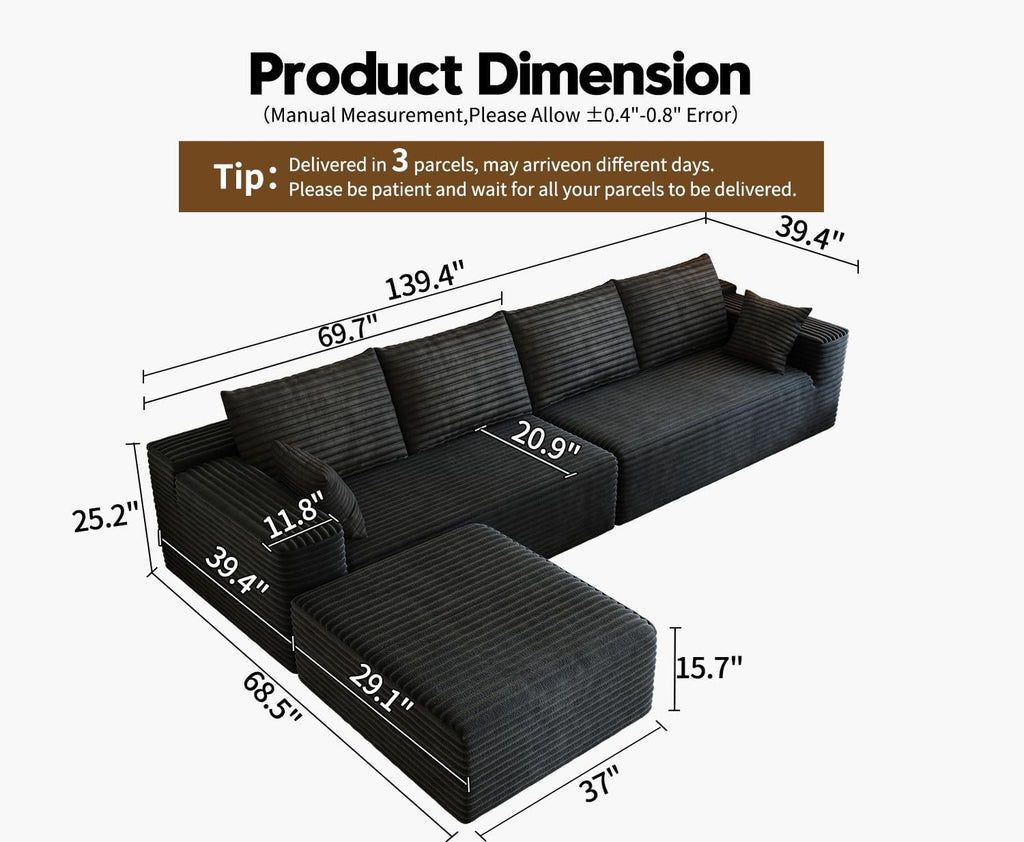 139.4' Modular Sectional Sofa, L-Shaped Minimalist Couches with Ottoman Chaise, Modern Deep Seat Convertible Sleeper Sofa,Cloud Plush Corduroy Fabric, No Assembly Required, 5 Seater, Black