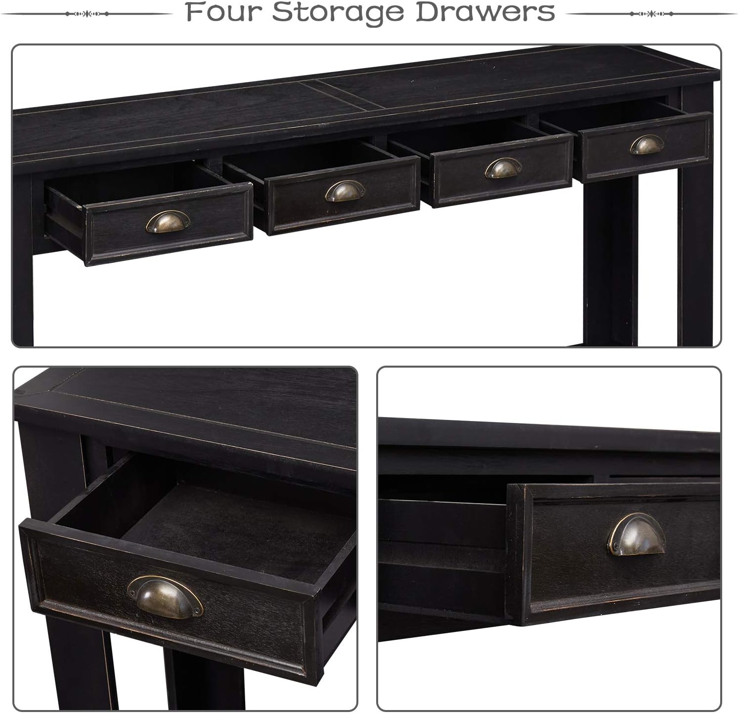 Kinfant Console Table for Entryway - 60' Long Rustic Sofa Table with 4 Drawers and Storage Shelf, Black