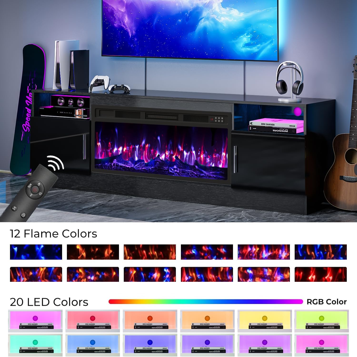 TV Stand with Fireplace, 36' Fireplace TV Stand LED Entertainment Center with Fireplace, 70 Inch Modern Electric Fireplace TV Stand for Living Room, Black TV Stand with Fireplace Up to 80' TVs