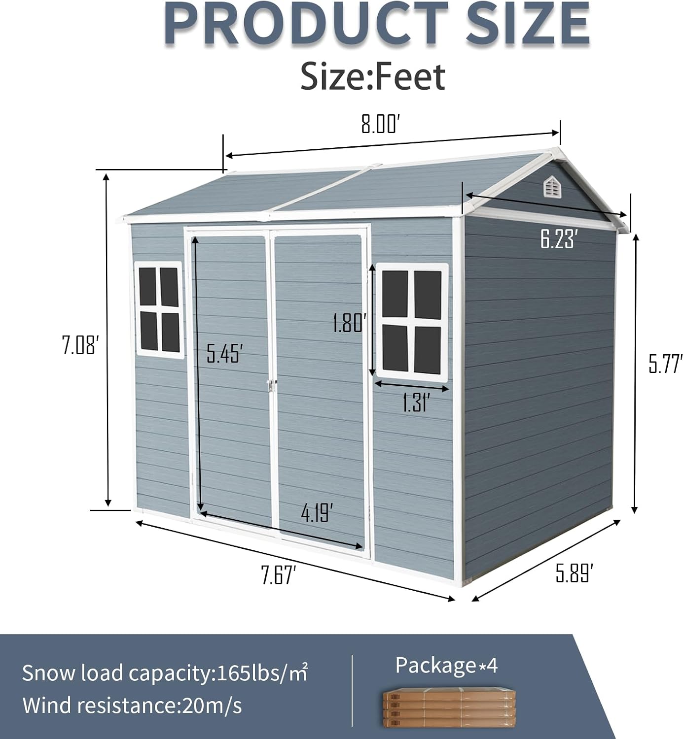KEIKI 8x6 FT Outdoor Storage Shed Waterproof Resin Cabinet,Sloped Roof Polypropylene Frame with Two-Window and Double Lockable Door for Patio Furniture