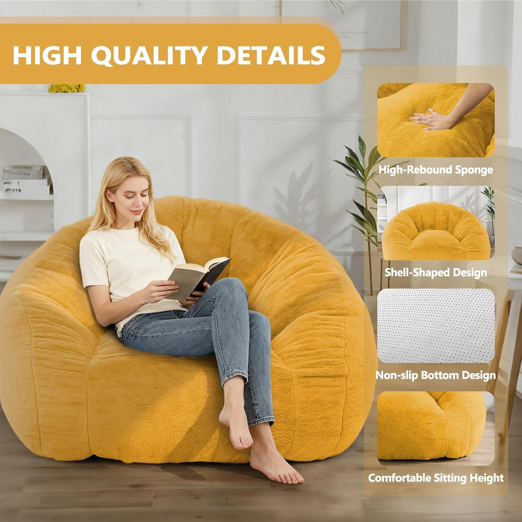 Bean Bag Chair for Adults, Soft Faux Fur Giant Beanbag Chairs, Oversized Cozy Bean Bag Couch Large Reading Chair, Comfy Bean Bag Sofa for Living Room, Bedroom & Dorm, Yellow
