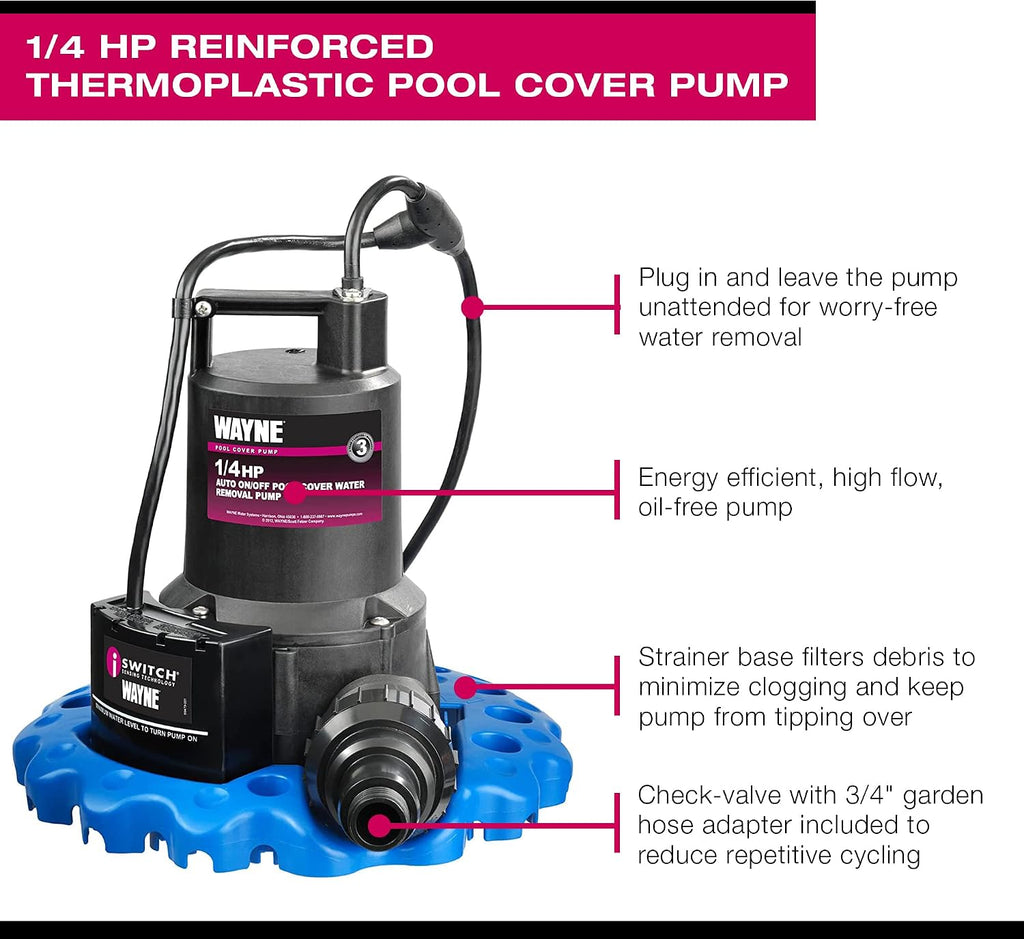 WAYNE WAPC250-1/4 HP Reinforced Thermoplastic Pool Cover Pump - Up to 3,000 Gallons Per Hour - Automatic On/Off Water Removal Pool Cover Pump