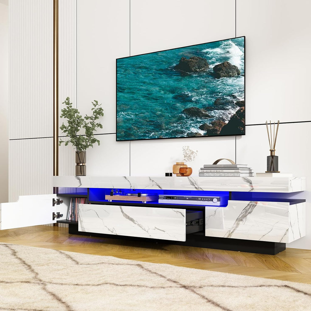 Uspeedy 70IN White TV Stand for 75/80 inch TV,Modern LED TV Stand for Living Room,High Gloss Entertainment Center with Storage Drawer,APP RGB Light,TV Console,Television Stands(Marbling)
