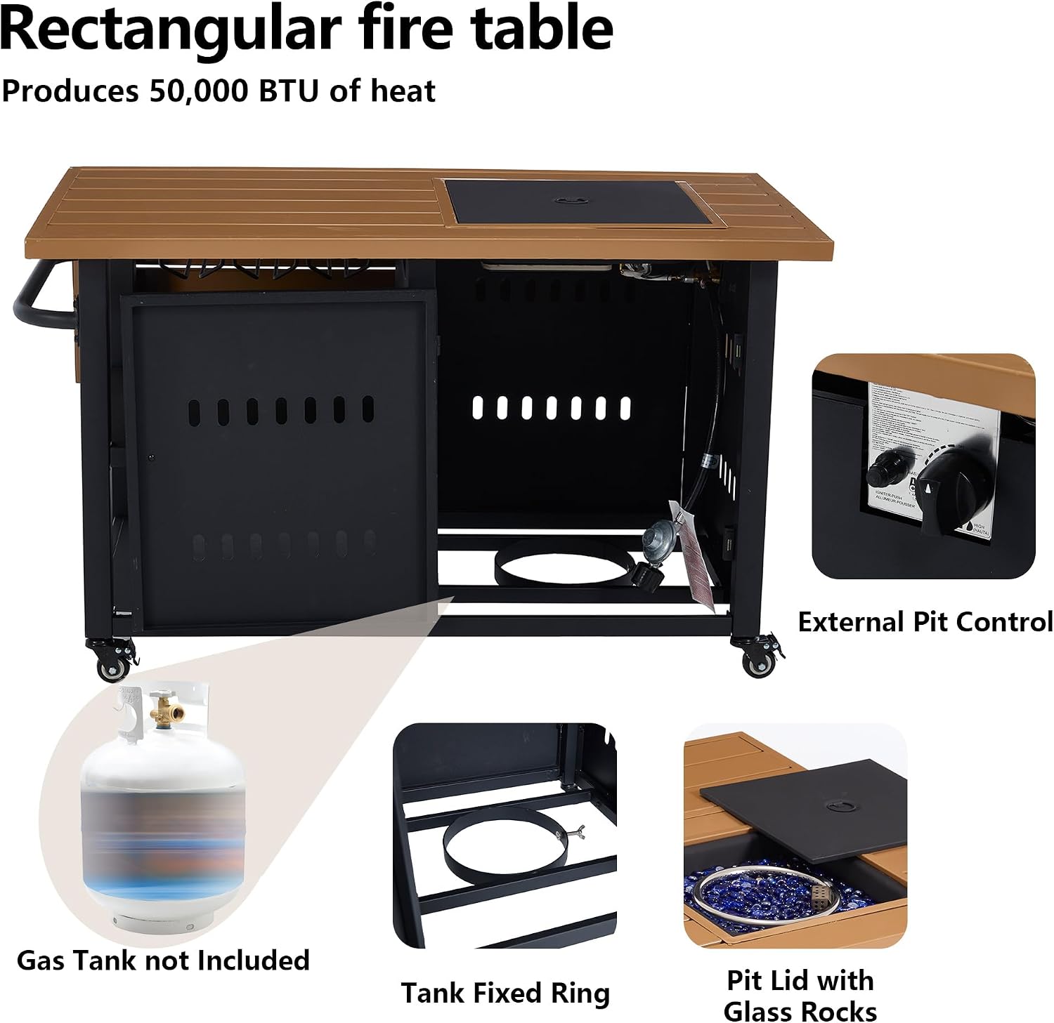 44' Propane Fire Pit, Gas Fire Pits for Outside Patio with Cover, Moveable Outdoor Storage Cabinet with Handle/Wine Guard, BBQ Grill Cart for Patio with Extendable Tabletop for Deck, Black
