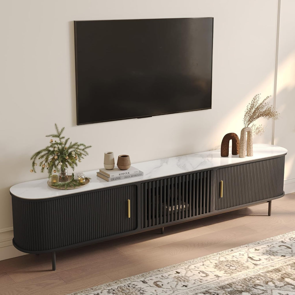 POVISON Fully-Assembled Sliding Tambour Door TV Stand, Mid Century Modern Sintered Stone TV Console, Wood Media Console for 85 Inch TV, Entertainment Center with Storage Cabinet(Black, 94.49')