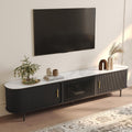 POVISON Fully-Assembled Sliding Tambour Door TV Stand, Mid Century Modern Sintered Stone TV Console, Wood Media Console for 85 Inch TV, Entertainment Center with Storage Cabinet(Black, 94.49')