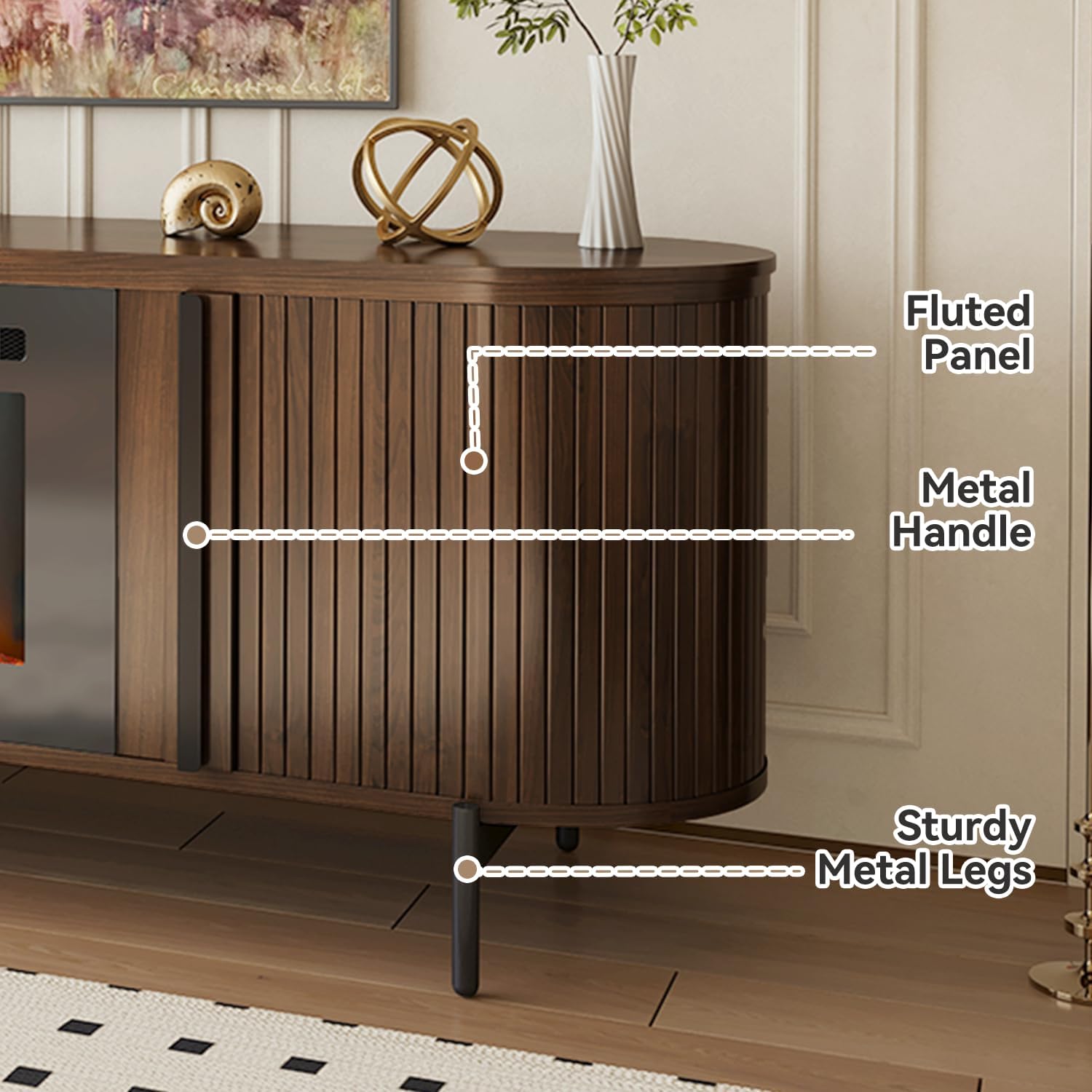 Luxury 70' Fluted TV Stand with Fireplace, Modern Chic Entertainment Center for TVs Up to 80', TV Console for Living Room, Media Cabinet with Storage,70 Inch, Brown