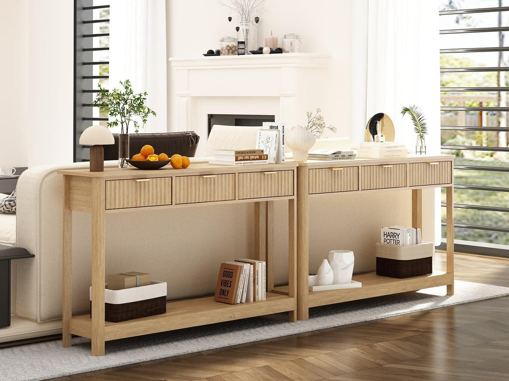 RUSTOWN Fluted Wood Console Table with 3 Drawers, Boho Narrow Behind Couch Entryway Table with Open Storage Shelf, Modern Sofa Table for Living Room, Foyer and Hallway (Natural Wood)