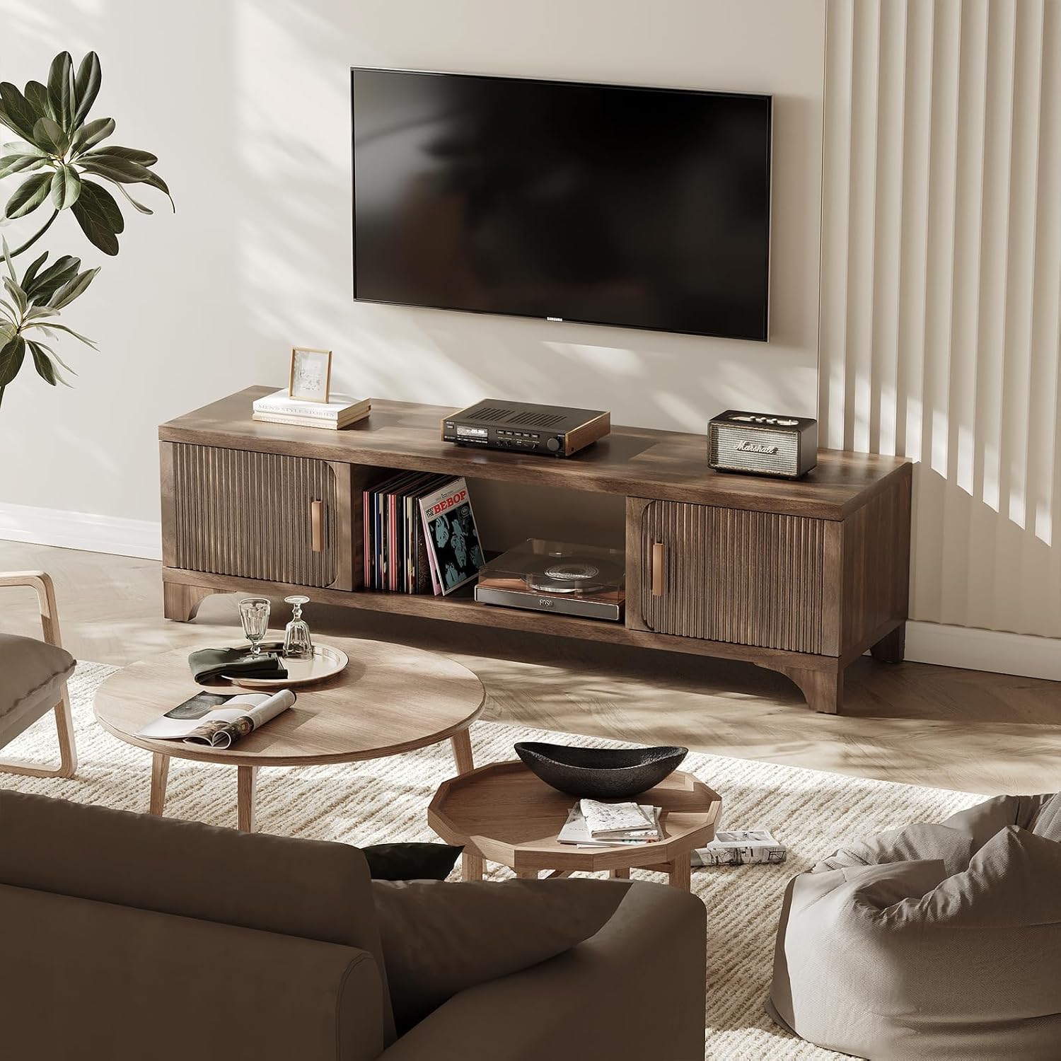Mid Century Modern TV Stands for 55/60/65 Inch TV Boho Media Console for Living Room Fluted TV Entertainment Center with Storage Wood Television Cabinet for Bedroom