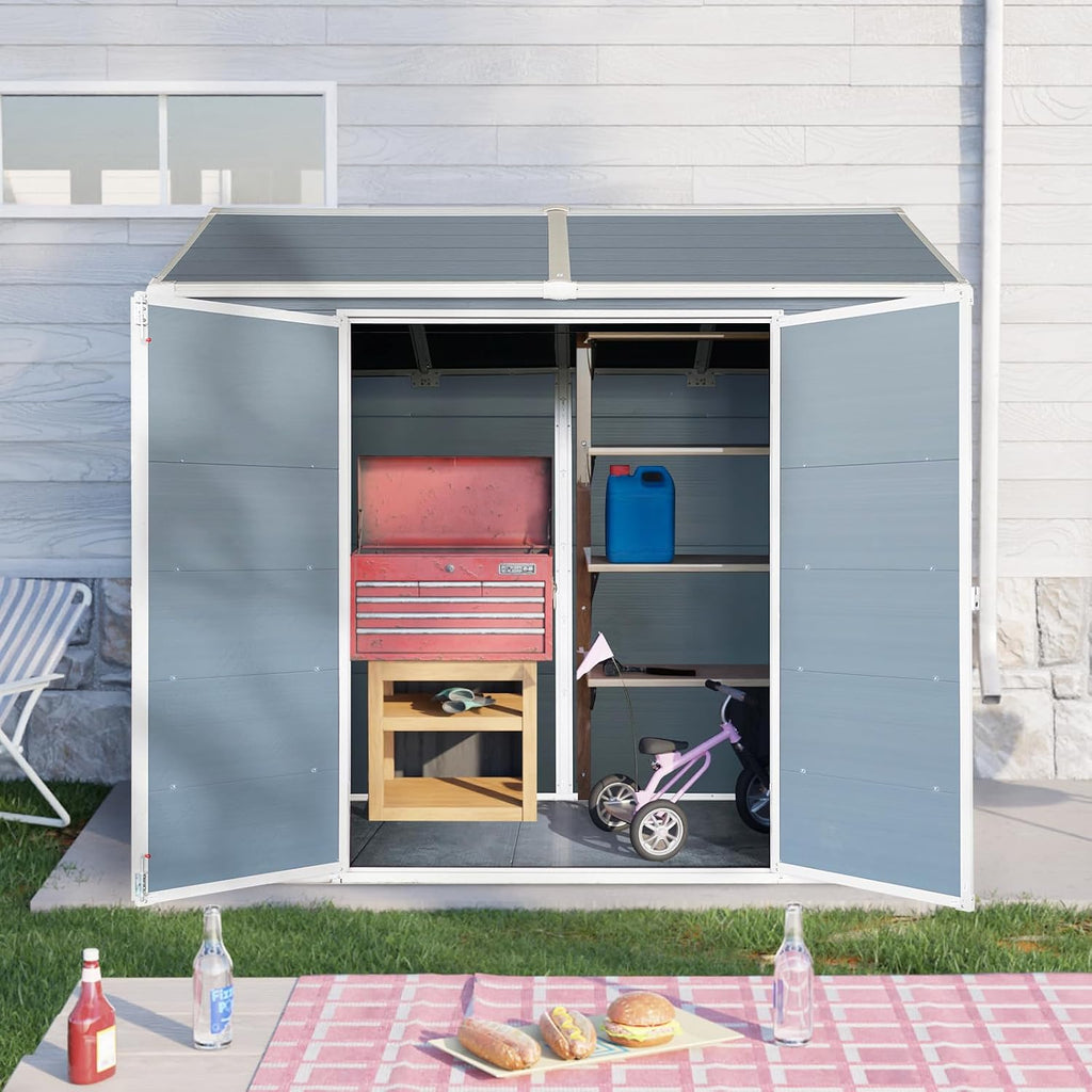 KEIKI 4x8 FT Outdoor Storage Shed Waterproof Resin Cabinet,Sloped Roof Polypropylene Frame with Two-Window and Double-Door for Patio Furniture Tools