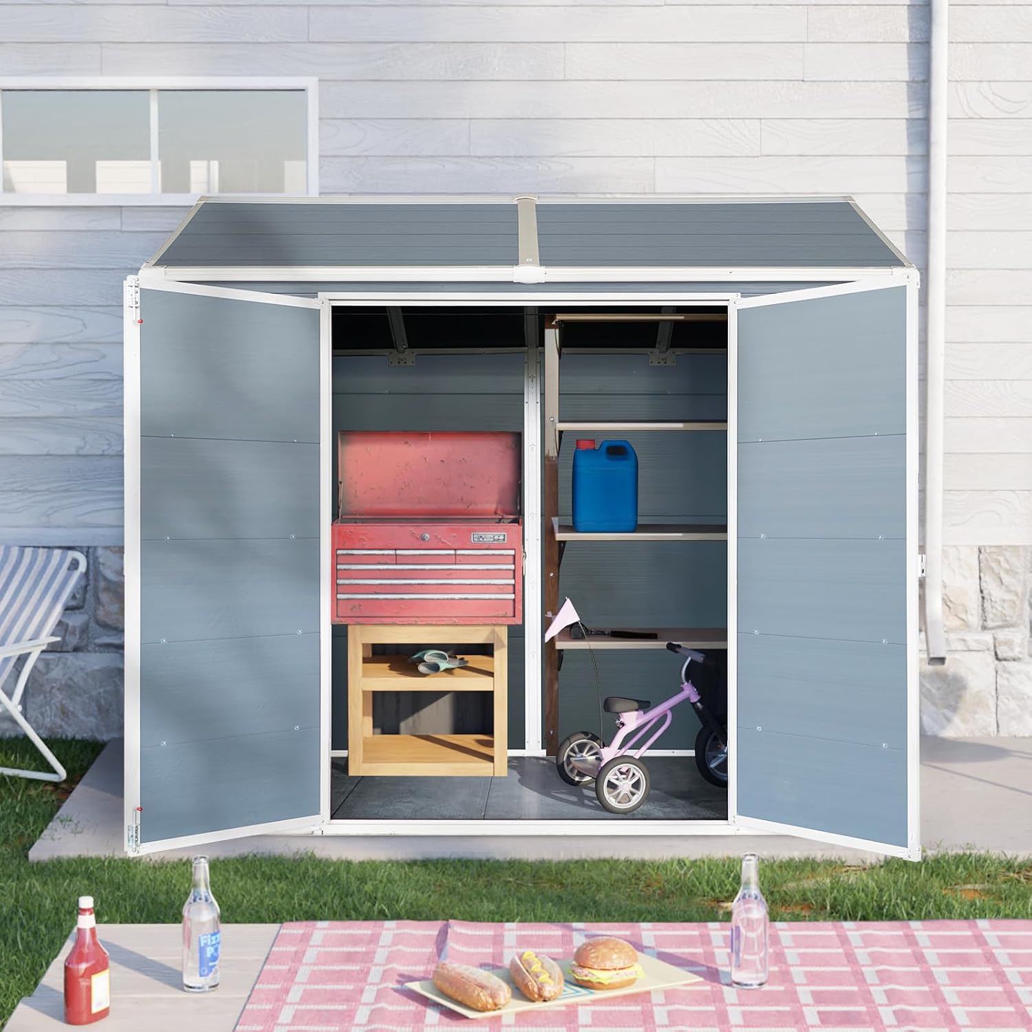 KEIKI 4x8 FT Outdoor Storage Shed Waterproof Resin Cabinet,Sloped Roof Polypropylene Frame with Two-Window and Double-Door for Patio Furniture Tools