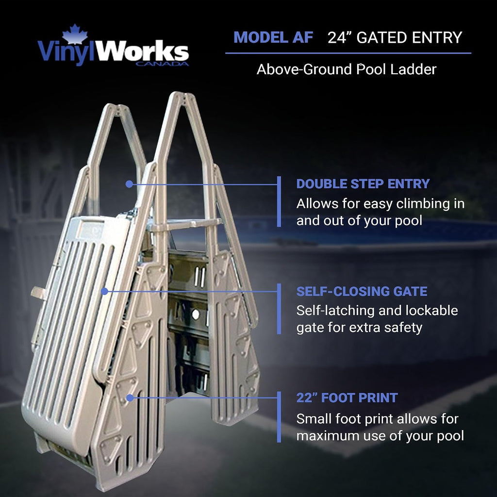 Vinyl Works 24 Inch Double Pool Step Ladder with Gate, Adjustable Stair Entry System with Handrails for Above Ground Swimming Pools, Taupe