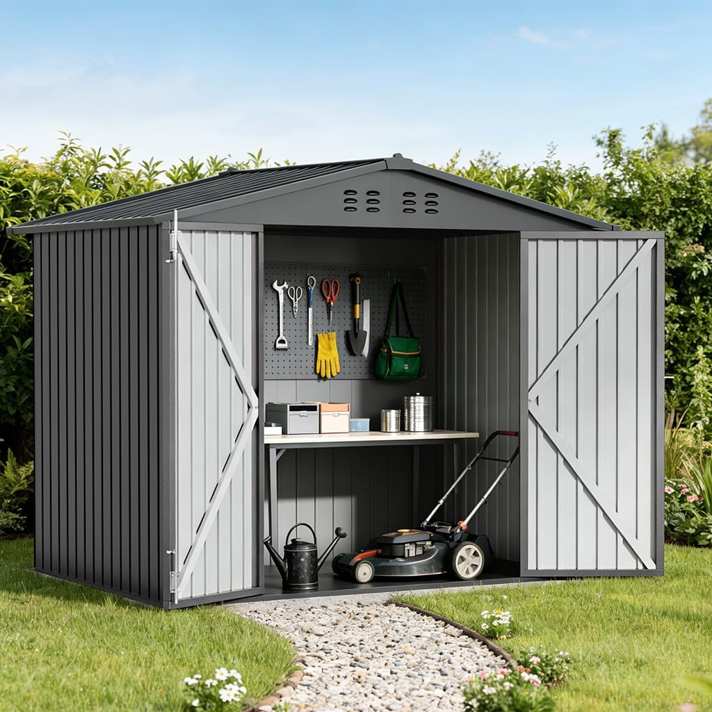 COMHOMA Shed Storage Outdoor Metal Windowed Lockable Weatherproof Ventilated Backyard Garden Utility Workshop(Grey,8'*6')
